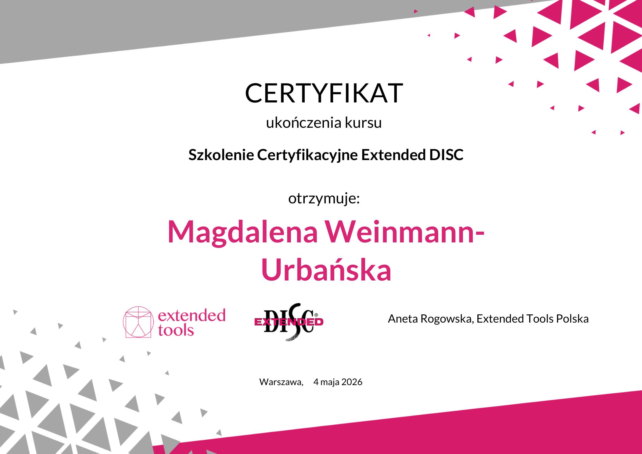 Certyfikat ukończenia szkolenia certyfikacyjnego Extended DISC®