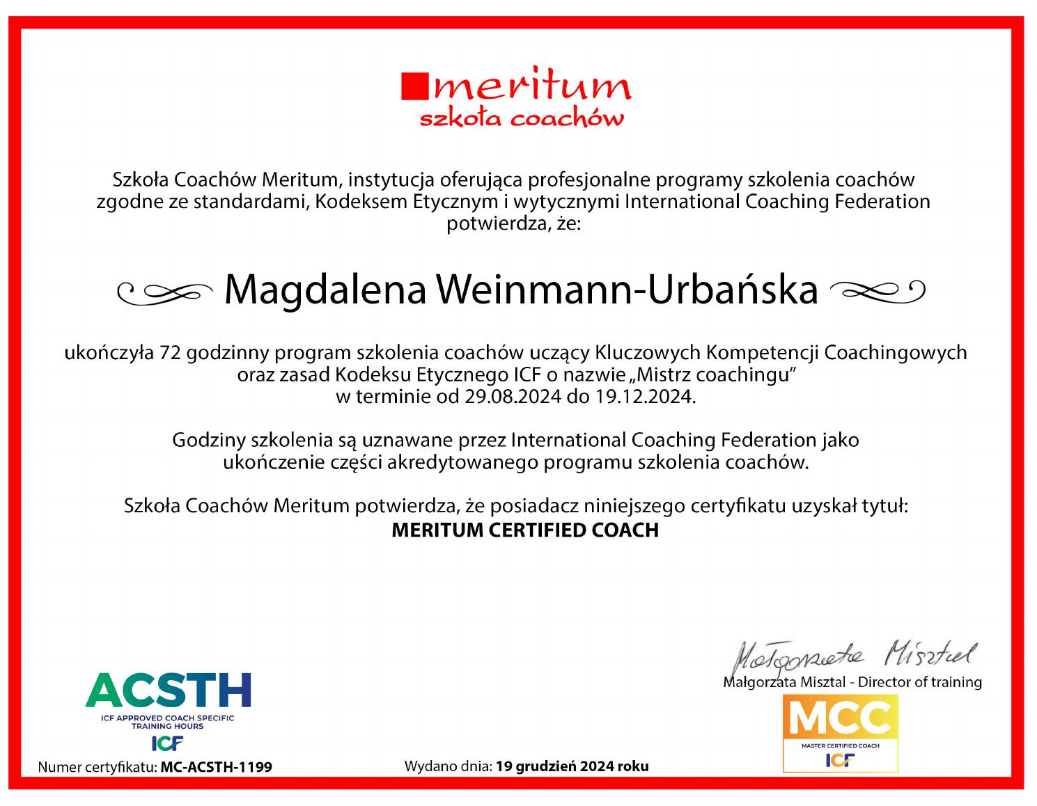 Certyfikat Mistrz Coachingu w języku polskim